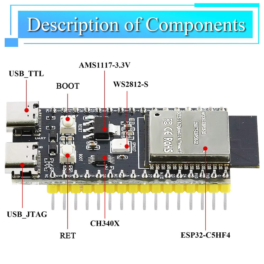 ESP32-C5-DevKitC-1 Entwicklungsboard mit Dual-Frequenz 2,4G 5GHz WLAN-Modul, WiFi 6, 4MB Flash und CH340, Schwarz - Bild 5