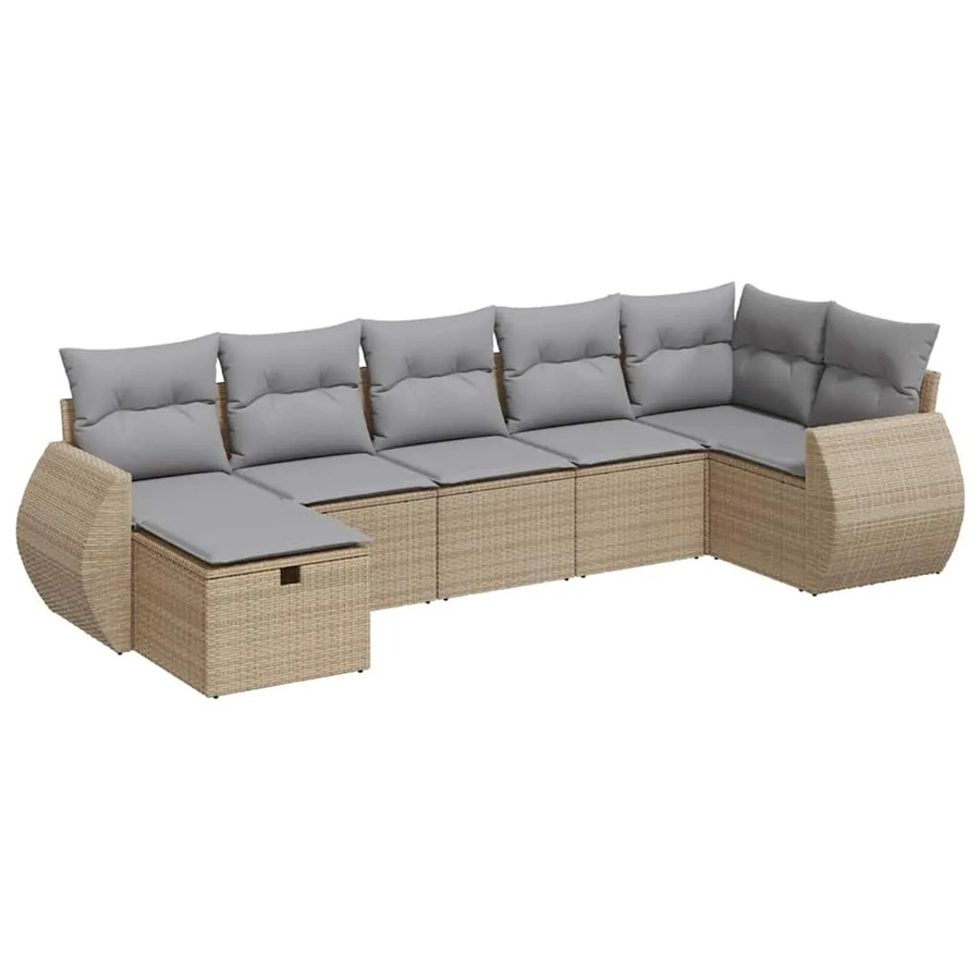 vidaXL 7-tlg. Garten-Sofagarnitur aus Poly-Rattan in L-Form mit Kissen und Ottoman, Beige - Bild 2