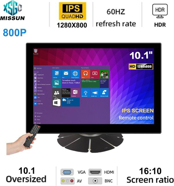 MISSUN Industriemonitor mit 10,1 Zoll IPS-Display, 1280x800 Auflösung, 16:10 Bildschirm, Schwarz, HDMI, AV, BNC - Bild 1