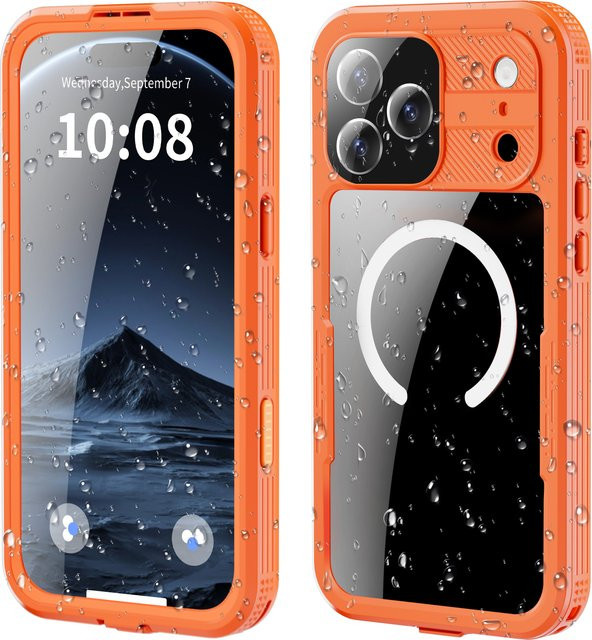 Shellbox IP68 magnetische wasserdichte Handyhülle zum Schwimmen und Tauchen für iPhone 17, 17AIR, 17Pro und 17Promax in Blau und Orange - Bild 1