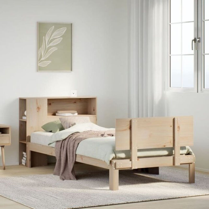 Vidaxl Massivholzbett aus Kiefer mit integriertem Bücherregal in Natur und Braun, B/T/H: 75 x 190 cm (ohne Matratze) - Bild 1