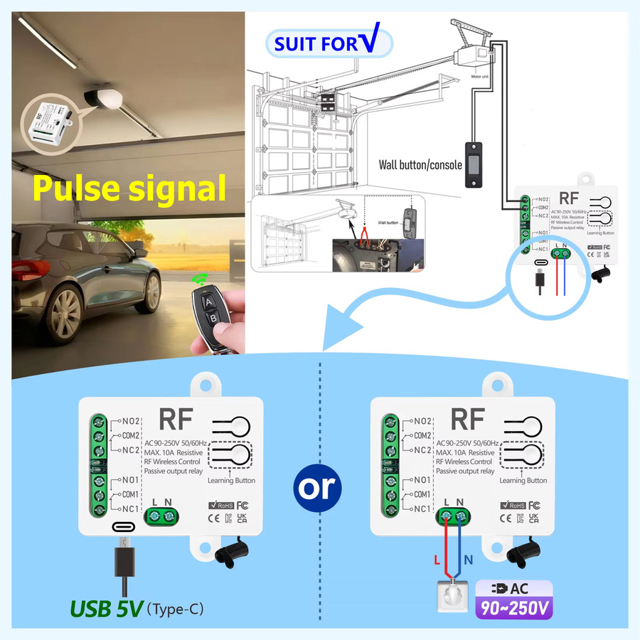 WenQia RF 433MHz Drahtloser Fernbedienungsschalter 2-Kanal Relais-Empfänger für AC110V 220V bis 2300W zur Steuerung von Motoren, Beleuchtung und Garagentoren - Bild 2