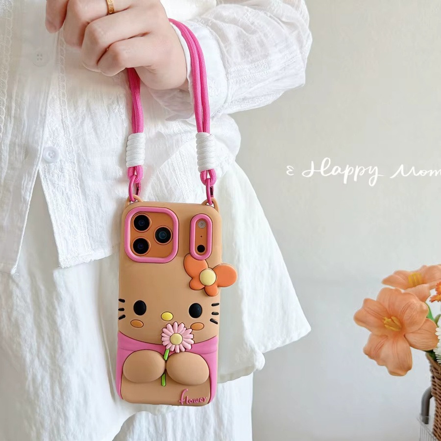Sanrio Hello Kitty Silikon Handyhülle mit 3D Blumen und Schlaufe für iPhone 12 bis 17 Pro Max Plus, Mehrfarbig - Bild 2