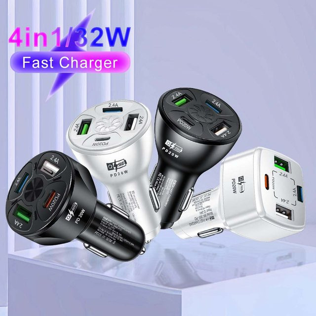 32W Autoladegerät mit 4 Ports inklusive 3 USB und PD Schnellladung für iPhone, Samsung, Huawei und Xiaomi - Bild 1