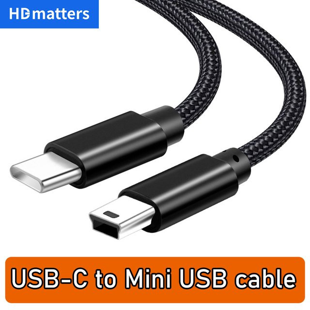 HDmatters USB-C zu Mini-USB 5-Pin OTG Kabel, geflochtenes Lade- und Datensynchronisationskabel in Schwarz für GPS, MP4-Player und Dashcam - Bild 1