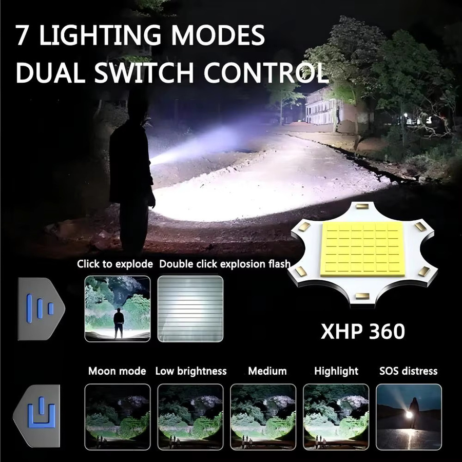 ASORT Hochleistungs-XHP360 Taschenlampe mit Doppel-Lichtquelle und 7 Beleuchtungsmodi, wiederaufladbare LED Laterne in Schwarz - Bild 2