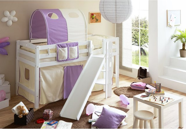 TiCAA Hochbett Tino mit Rutsche und Podest aus Buche, Farbe Weiß Classic - Bild 1