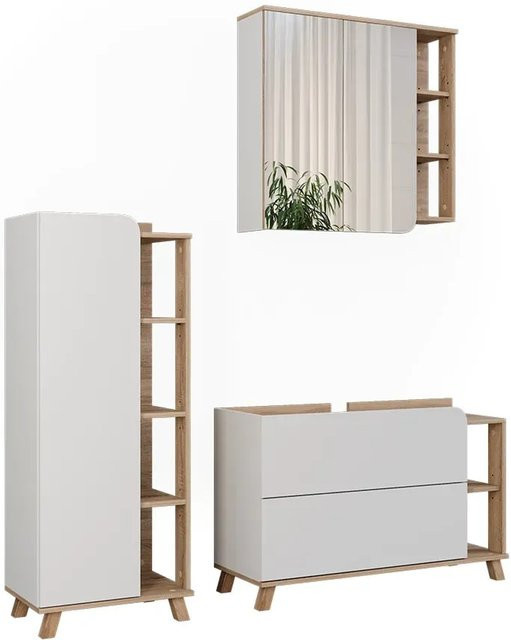 Vicco Badmöbel-Set Karen in Sonoma und Weiß, 3-teilig mit LED-Spiegelschrank, Waschtischunterschrank und Seitenschrank, modern und matt - Bild 1