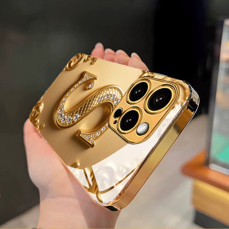 Handyhülle aus Glas mit goldenem Buchstaben S Muster in Gold Metallic für iPhone 11 bis iPhone 17 Pro Max und Air Modelle - Bild 3