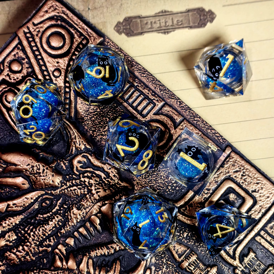 DnD Würfelset, 7-teiliges Set, blaue Flüssigkern-Harzwürfel mit Glitzersand, polyedrische Würfel - Bild 3