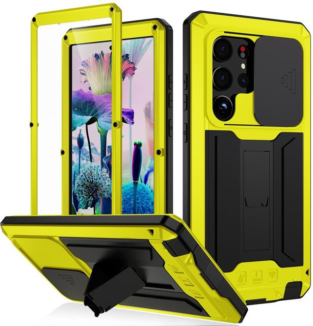 Stoßfeste Metallständer-Schutzhülle für Samsung Galaxy S23 Ultra 5G, Galaxy S23 Plus 5G und Galaxy S23 5G mit Slide-Kamera-Displayschutz in Gelb - Bild 1