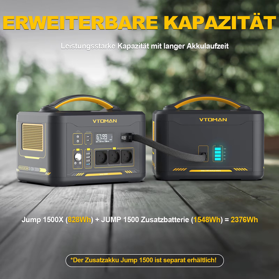 VTOMAN JUMP 1500X Tragbare Powerstation mit LiFePO4 Batterie, 828Wh, 1500W, Solargenerator in Schwarz - Bild 4