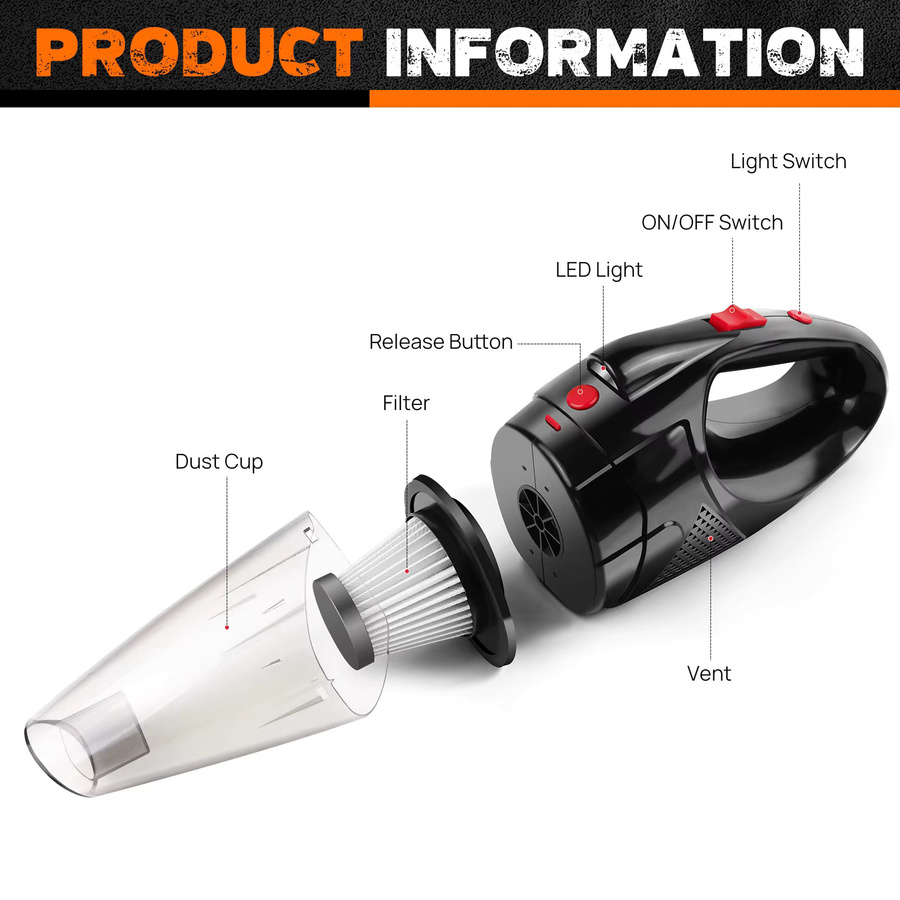 Kabelloser 3-in-1 Handstaubsauger in Schwarz mit 8000 Pa Saugkraft, LED-Licht und waschbarem Filter für Auto, Sofa und Teppich - Bild 6