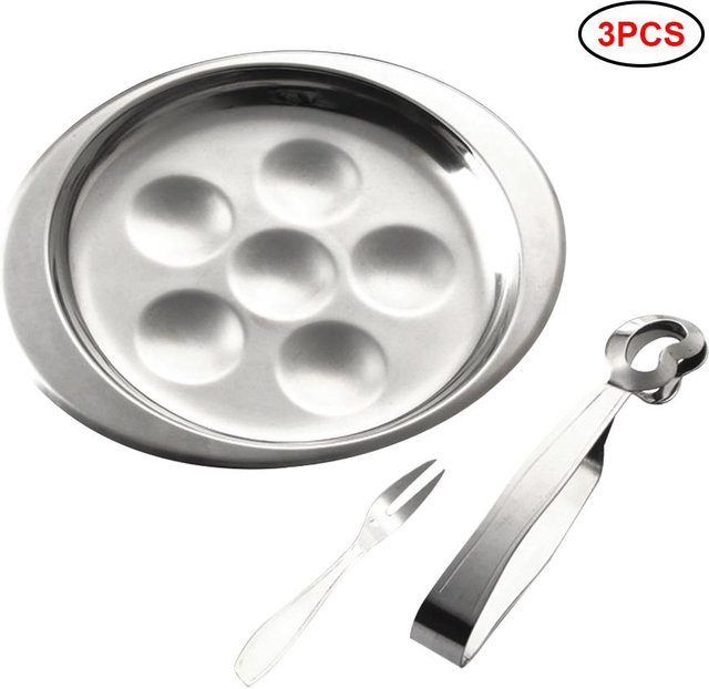 TOMTOP JMS Schneckenteller-Set aus Edelstahl in Weiß und Silber mit 6 Fächern, Zange und Gabel - Bild 1