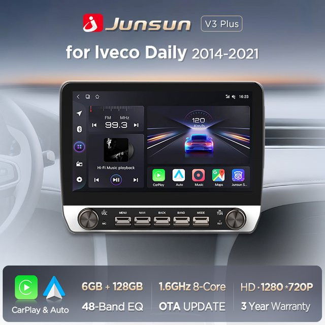 Junsun Autoradio für Iveco Daily 2014-2021 mit 10,1 Zoll IPS-Touchscreen, kabelloses CarPlay, Android Auto, GPS, WLAN, DAB+ und DSP in Schwarz - Bild 1