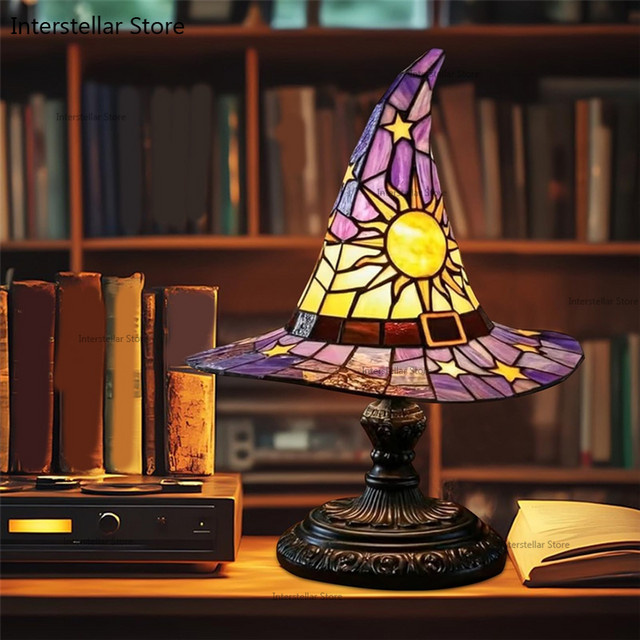 NUOYING Hexenhut-Nachtlampe aus Harz in Schwarz und Multicolour, Gotische Halloween Tischlampe mit warmweißem Licht - Bild 1