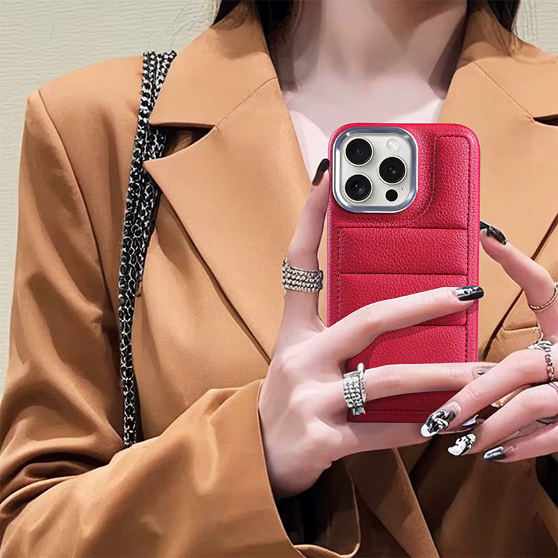 Luxus Daunenjacke Muster iPhone Hülle mit Metall Kamera Loch Rahmen aus PU Leder für iPhone 16 15 14 13 12 11 Pro Max in Schwarz und Rot - Bild 1