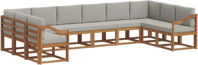 vidaXL Outdoor-Sofagarnitur in L-Form aus massivem Akazienholz mit 10-teiligem Set, Farbe Natur und Grau - Bild 1