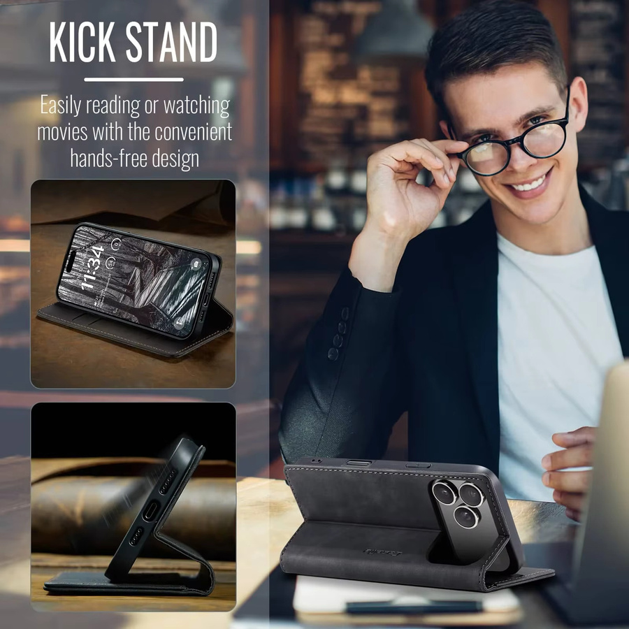 Business Leder Flip Wallet Handyhülle für Apple iPhone 17 Pro Max, 17 Pro und 17 Air in Schwarz mit magnetischem Folio und Kartensteckplätzen - Bild 3