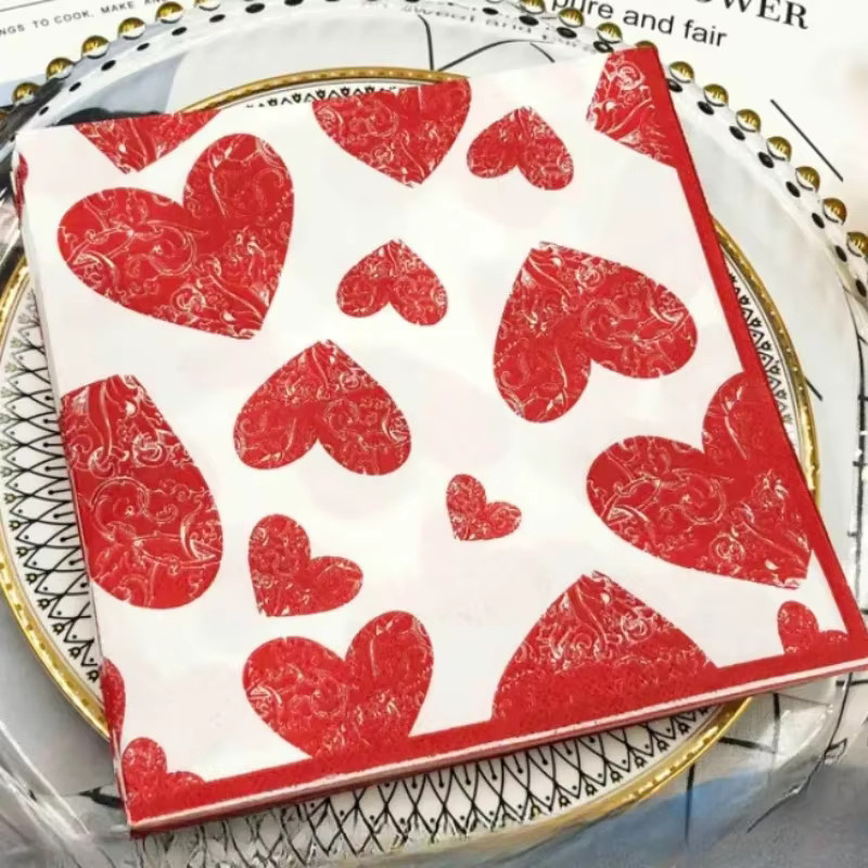 GUANYAO Herzförmige Servietten mit floralem Muster in Bunt und Rot, 20 Stück aus Papier für Hochzeit und Valentinstag - Bild 2
