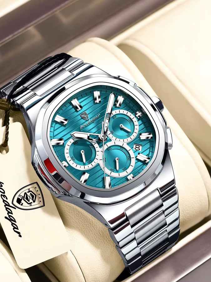 POEDAGAR Chronograph Herrenuhr, Edelstahl, Gold, Quarz, Datum - Bild 7