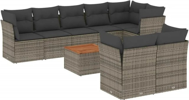 vidaXL 9-tlg Garten-Sofagarnitur aus Poly Rattan und Akazienholz in Grau mit Kissen Modell 71 - Bild 1