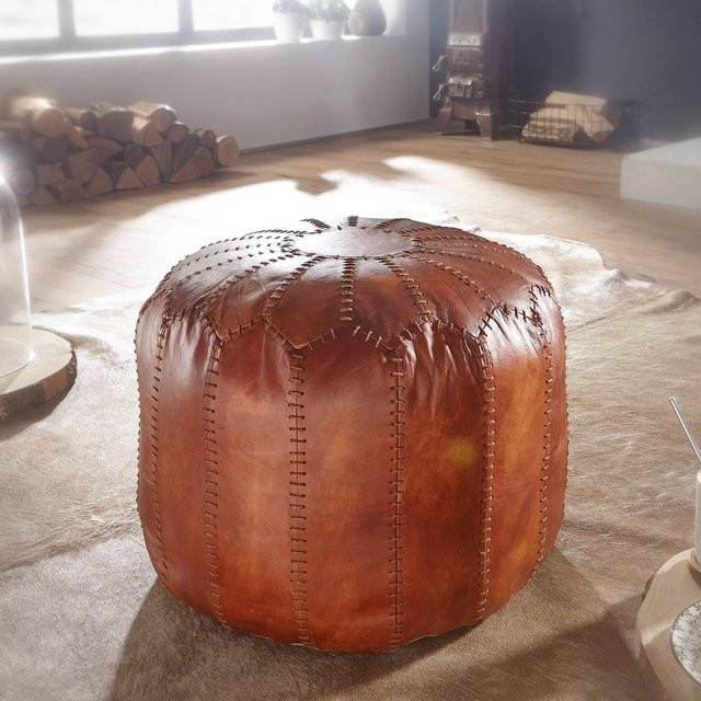 FineBuy Sitzhocker aus Echtleder in Braun, runder Polsterhocker im orientalischen Design, B/T/H: 52 x 40 x 52 cm - Bild 1