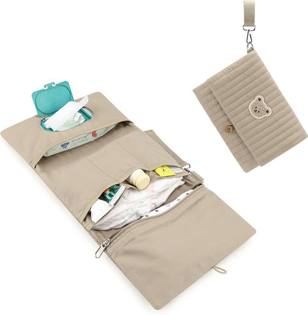 Faltbare hängende Windel-Organizer-Tasche mit mehreren Fächern und Wischtuchhalter in Grün und Beige - Bild 1