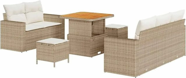 vidaXL Garten-Sofa-Set aus Poly Rattan und Akazienholz in Beige mit Polsterung und UV-Beständigkeit, 8-teilig - Bild 1