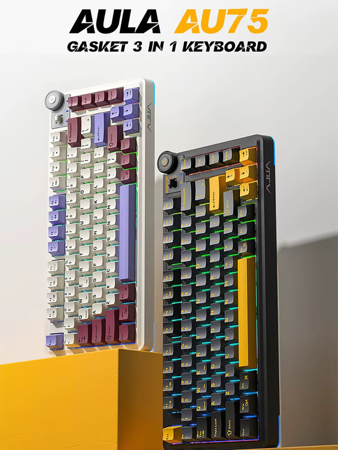 AULA AU75 Gaming Mechanische Tastatur mit RGB, Hot-Swappable, 81 Tasten, 2,4G/Bluetooth/Kabelgebunden, Schwarz-Grau-Gelb - Bild 6