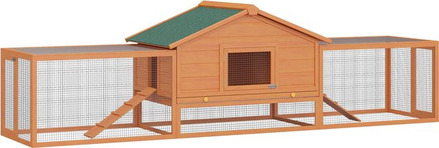 PawHut Kleintierstall mit 2 Freigehegen und 2 Rampen, Hasenkäfig aus Naturholz und Metalldraht mit wetterfestem Asphalt-Dach, B/T/H: 309 x 79 x 86 cm - Bild 1