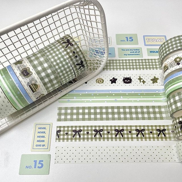 MINKYS Matcha Grün Washi Tape Set mit 6 Rollen niedliches Cartoon Design für Schule und Schreibwaren - Bild 1