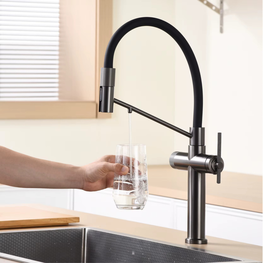 Aitana 3-in-1 Einloch-Küchenarmatur in Gun Grey mit separatem Filter-Wasserhahn und ausziehbarem Sprühhahn für Heiß- und Kaltwasser - Bild 2