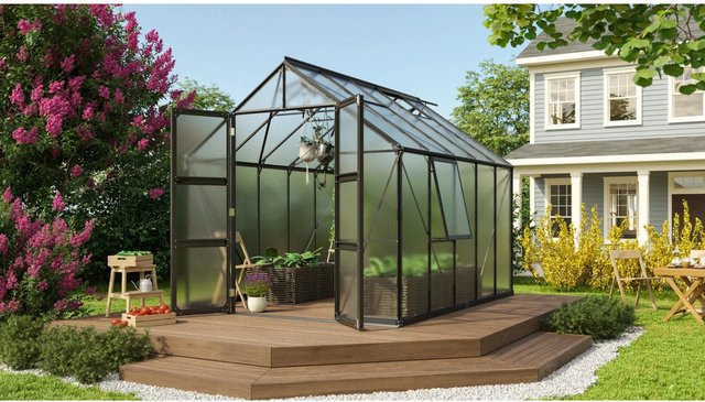 Vitavia Gewächshaus Olymp 8300 HKP mit Polycarbonat-Platten 6 mm in Schwarz mit Satteldach, Doppelflügeltür und Zubehörset - Bild 1