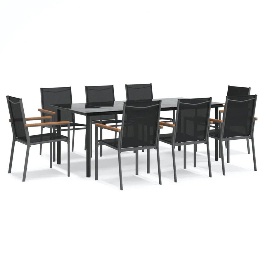 vidaXL 9-teilige Garten-Essgruppe in Schwarz aus Textilene und Stahl mit Glastisch - Bild 2