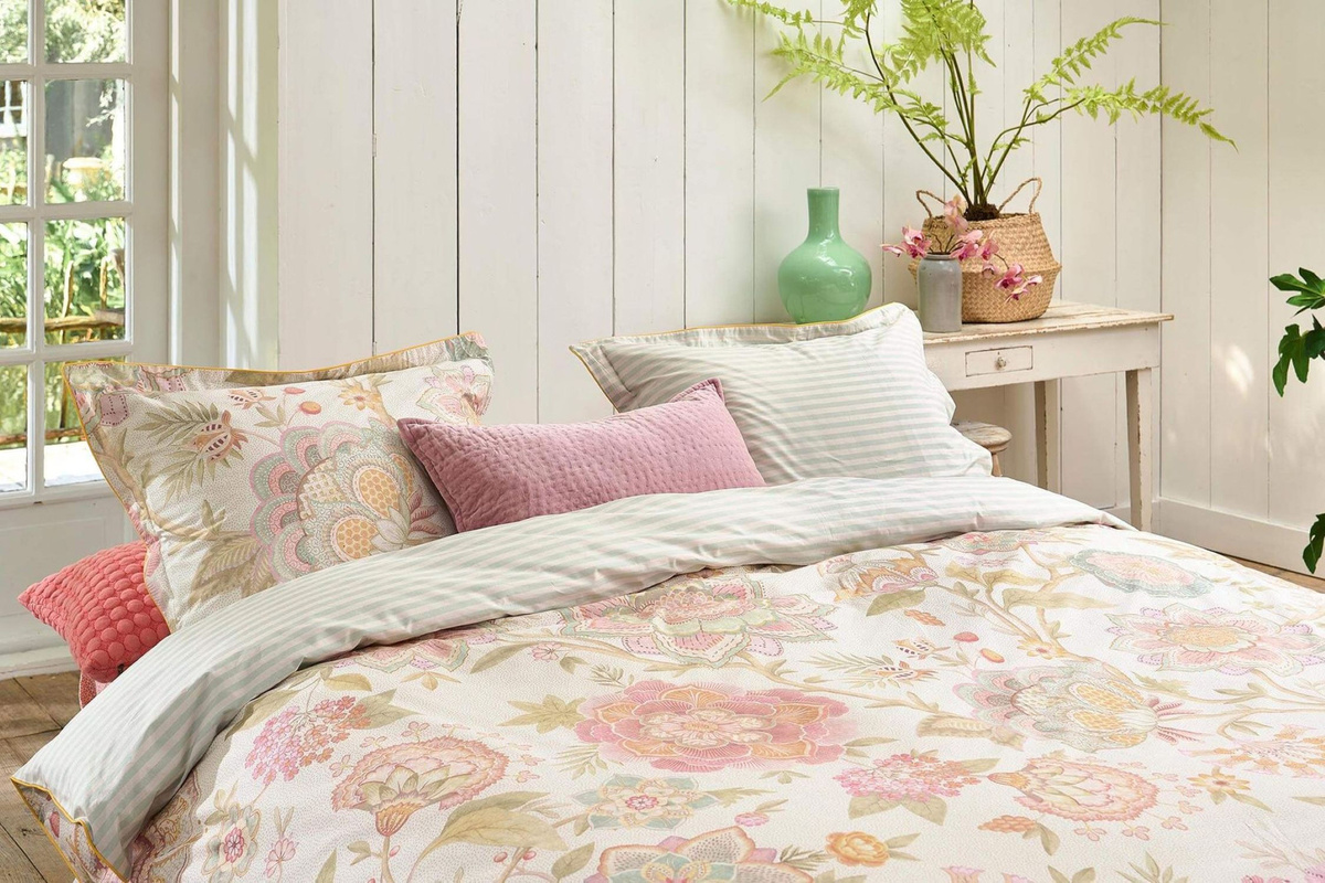 PIP Studio Perkal Bettwäsche Bombay Bold Off White Blüten Asia Wende, B/H: 155 x 220 cm mit Kissenbezug 80 x 80 cm - Bild 1