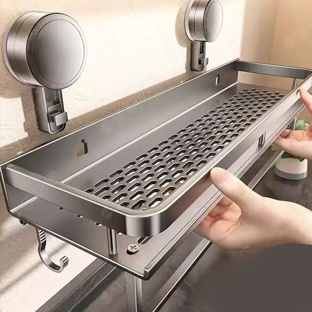 YUNJIEYA Badezimmer Lagerregal aus Metall mit Saugnapf, Dreieckskorb in Grau und Silber, ohne Bohren - Bild 1