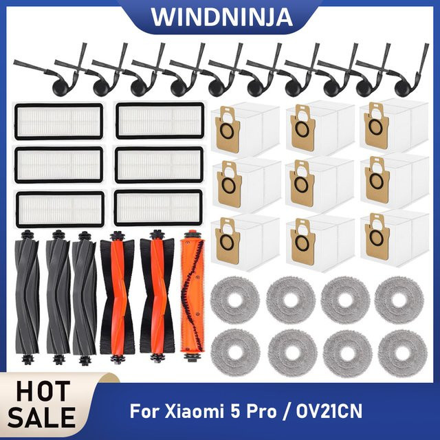 WINDNINJA Ersatzteil-Set für Xiaomi Mijia 5 Pro/OV21GL Roboterstaubsauger mit Staubbeuteln, Hauptbürste, Seitenbürsten, Hepa-Filtern und Wischtüchern in Multicolor - Bild 1