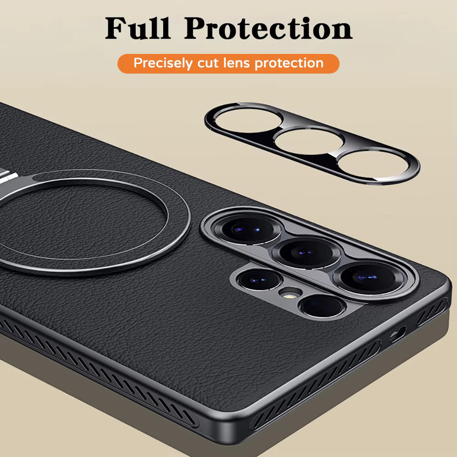 Stoßfeste Lederhülle für Samsung S26 S25 S24 Ultra mit kabelloser Ladefunktion, magnetischem Ständer und Kameraschutz in Grau - Bild 4