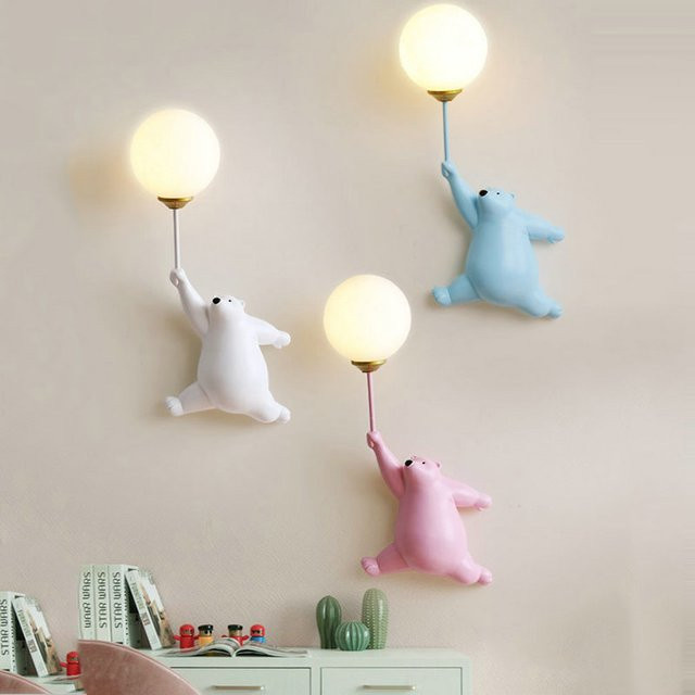 JIANKEXING Nordische LED Teddybär Wandlampe für das Kinderzimmer in Blau, Weiß oder Rosa mit warmweißem Licht - Bild 1
