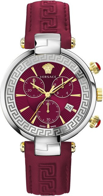 Versace Chronograph, Damenuhr, Edelstahl, Quarz, 41 mm, Rot, Leder, 5 ATM - Bild 1