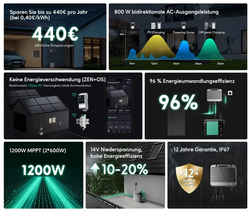 Zendure SolarFlow 800 Hybrid-Wechselrichter in Grau inklusive 2x 500W Solarmodule - Bild 1