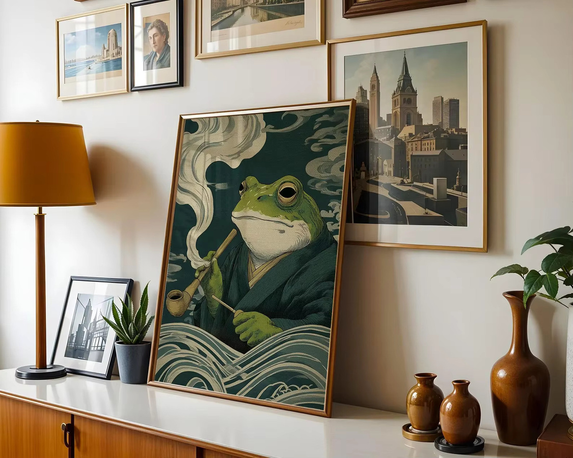 Vintage Japanisches Frosch-Poster von SHENCHEN als skurriler Wanddruck mit rauchendem Frosch in Mehrfarben - Bild 2