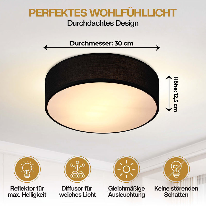 MONZANA Deckenlampe aus schwarzem Leinenstoff mit E27 Fassung, Durchmesser: 30 cm - Bild 3