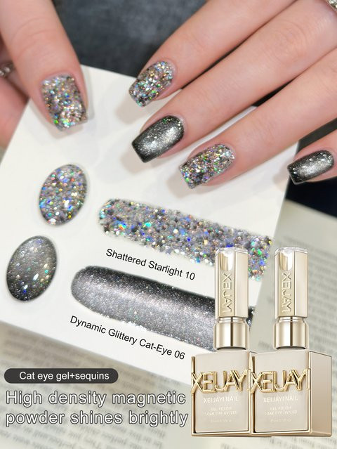 XEIJAYI Nagellack-Set, Schwarzer Katzenauge-Glitter-Gel, 2 x 15 ml - Bild 1