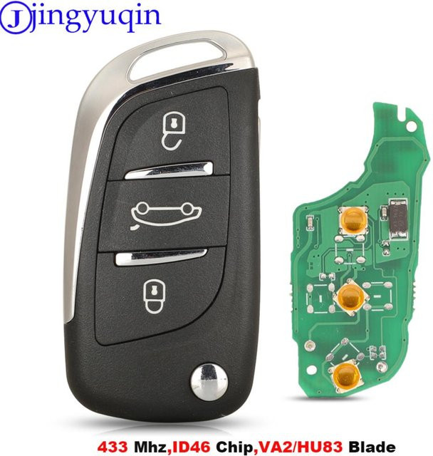 Jingyuqin Auto-Fernbedienungsschlüssel 434 MHz für Citroen C4L New Elysee und Peugeot 508 3008 2008 301, Keyless ID46 VA2/HU83 mit Klinge, Schwarz - Bild 1