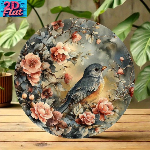 Potdemiel Vintage Wanddekoration aus Metall mit Blumen und Vögeln, Rund, Grau, Rosa und Beige, Durchmesser: 20 cm - Bild 1