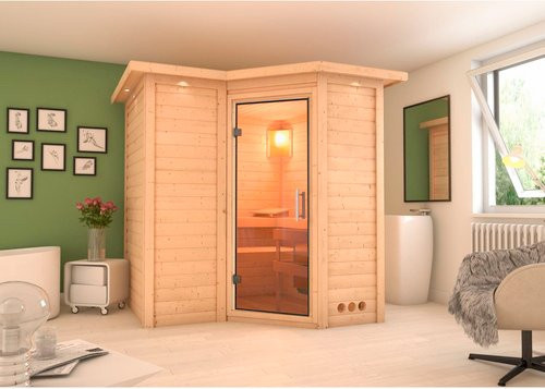 Karibu Sauna Riga 1 für 3 Personen aus Fichte in Beige, B/T/H: 198 x 212 x 221 cm - Bild 1
