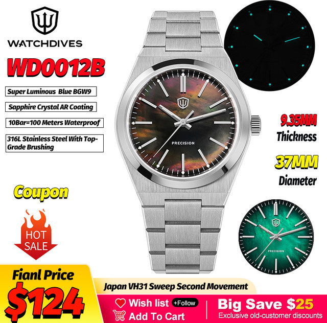 Watchdives Armbanduhr, Quarz, Edelstahl, Schwarz, 37 mm, Unisex - Bild 1