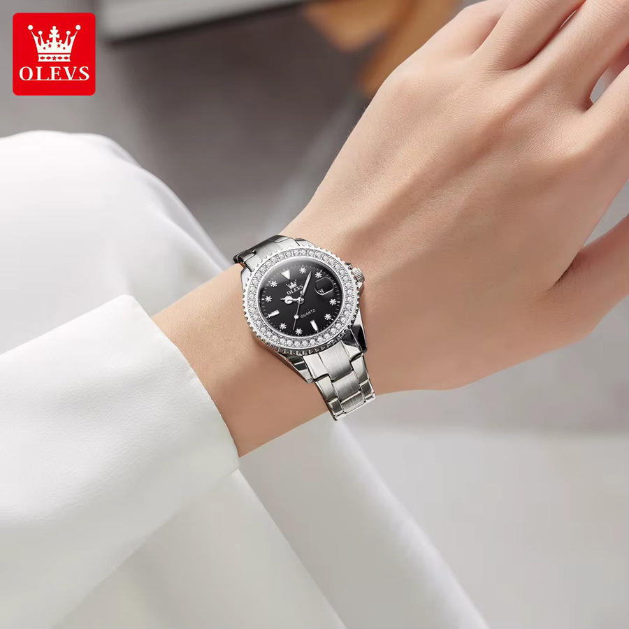 OLEVS Armbanduhr Quarz, Edelstahl, Diamantbesetzt, Damen, Schwarz, Silber - Bild 5